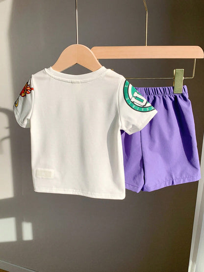 2pcs Baby Boys Summer Casual Sports Cartoon Basketball Print Short Sleeve T-Shirt And Elastic Waist Purple Shorts Set Outfit For Toddler Beach Wear