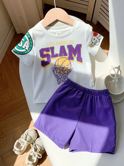 2pcs Baby Boys Summer Casual Sports Cartoon Basketball Print Short Sleeve T-Shirt And Elastic Waist Purple Shorts Set Outfit For Toddler Beach Wear