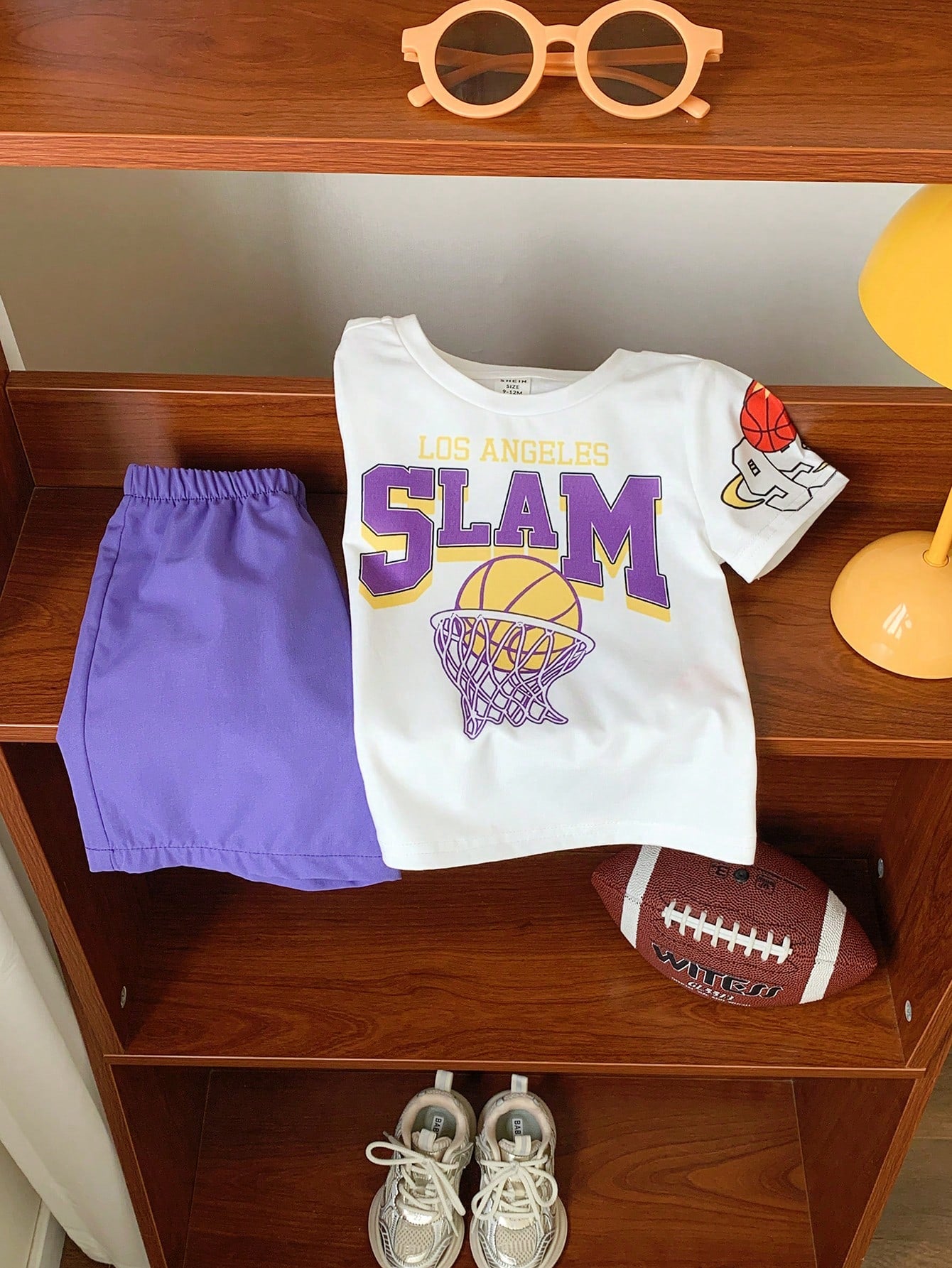 2pcs Baby Boys Summer Casual Sports Cartoon Basketball Print Short Sleeve T-Shirt And Elastic Waist Purple Shorts Set Outfit For Toddler Beach Wear