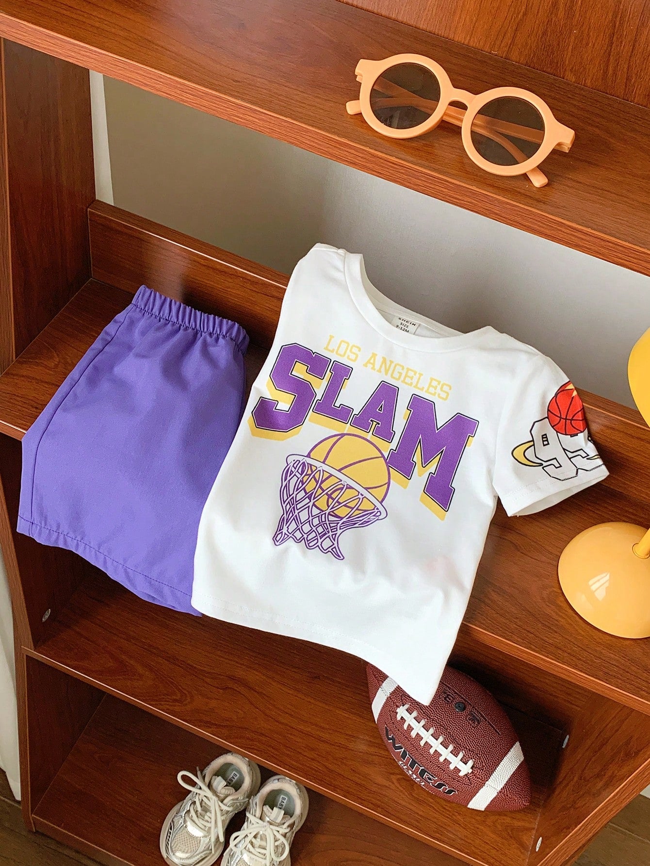 2pcs Baby Boys Summer Casual Sports Cartoon Basketball Print Short Sleeve T-Shirt And Elastic Waist Purple Shorts Set Outfit For Toddler Beach Wear