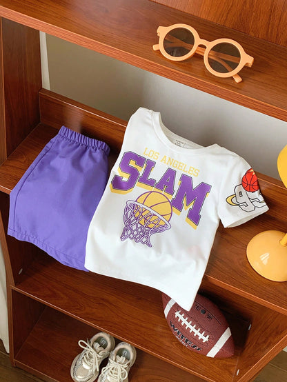 2pcs Baby Boys Summer Casual Sports Cartoon Basketball Print Short Sleeve T-Shirt And Elastic Waist Purple Shorts Set Outfit For Toddler Beach Wear