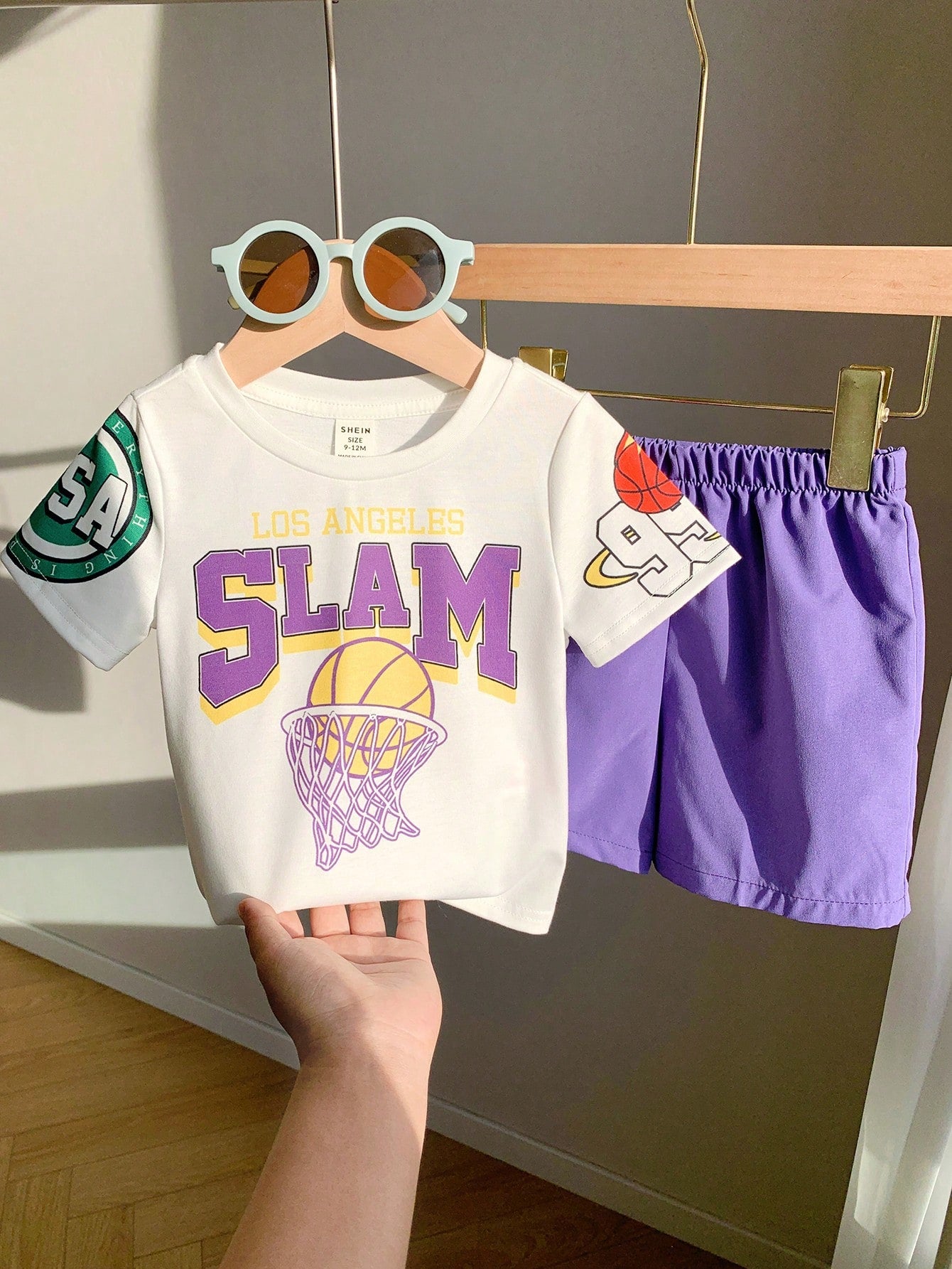 2pcs Baby Boys Summer Casual Sports Cartoon Basketball Print Short Sleeve T-Shirt And Elastic Waist Purple Shorts Set Outfit For Toddler Beach Wear