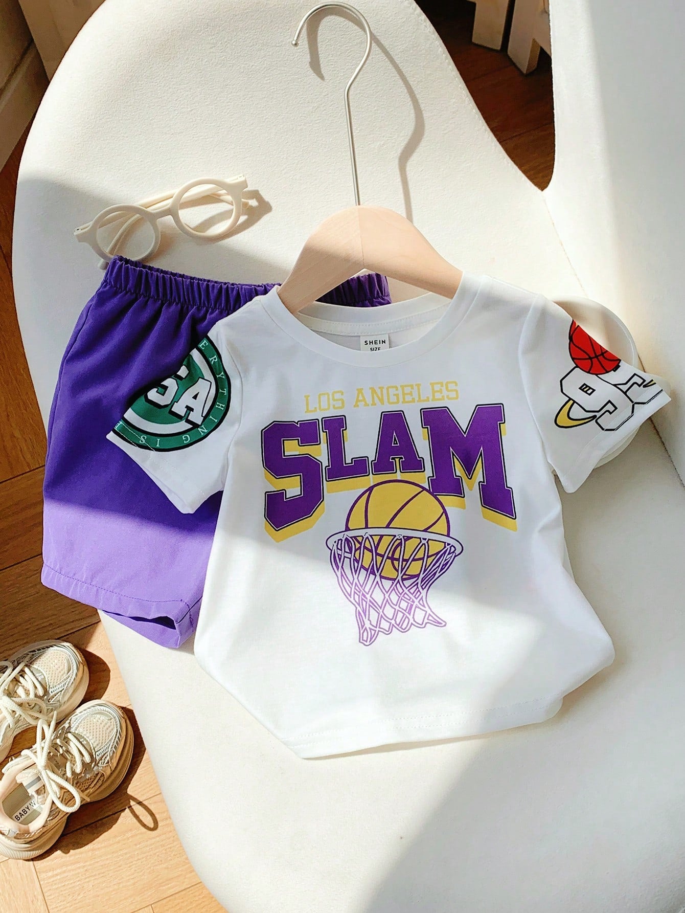 2pcs Baby Boys Summer Casual Sports Cartoon Basketball Print Short Sleeve T-Shirt And Elastic Waist Purple Shorts Set Outfit For Toddler Beach Wear