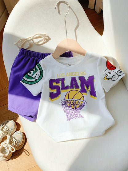 2pcs Baby Boys Summer Casual Sports Cartoon Basketball Print Short Sleeve T-Shirt And Elastic Waist Purple Shorts Set Outfit For Toddler Beach Wear