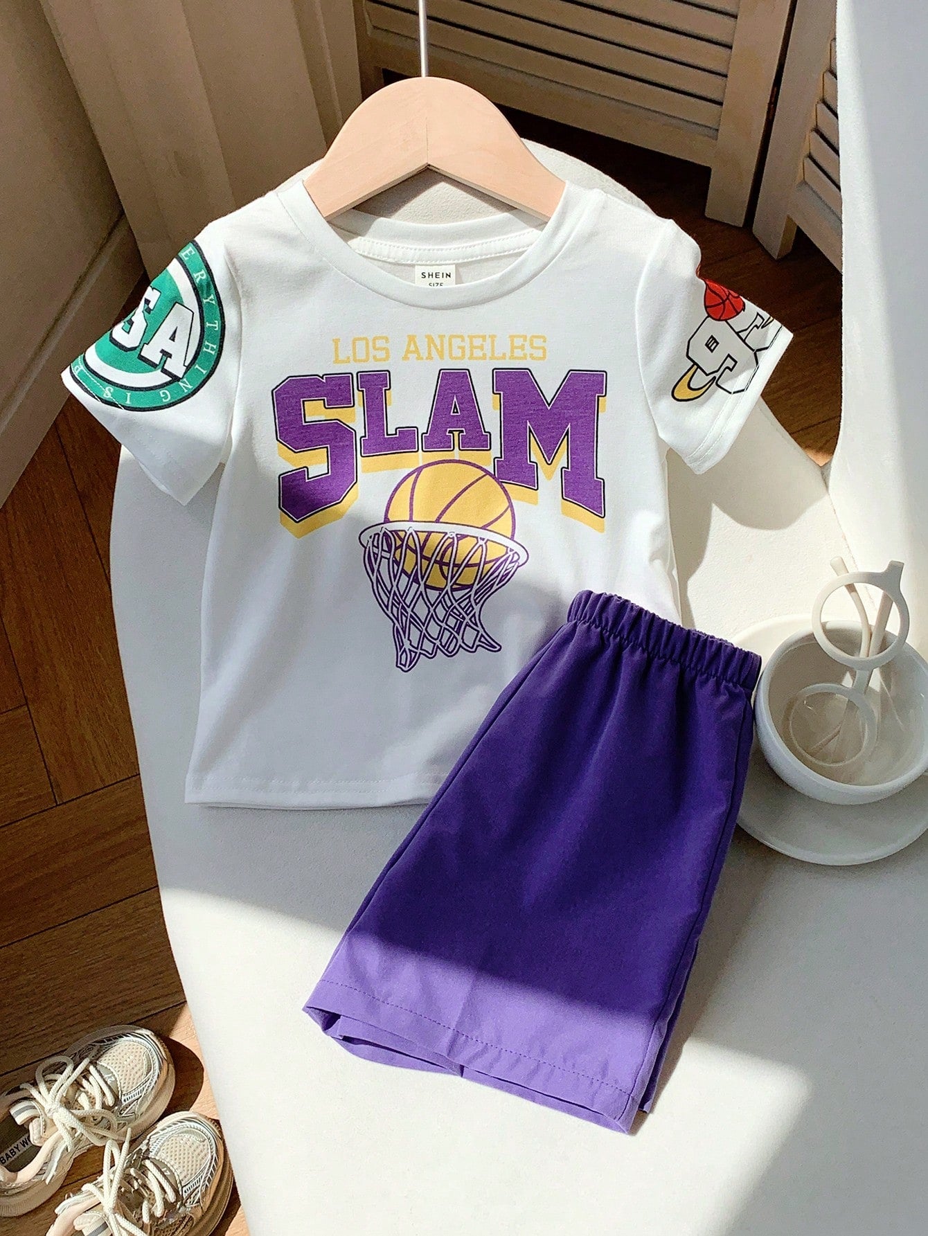 2pcs Baby Boys Summer Casual Sports Cartoon Basketball Print Short Sleeve T-Shirt And Elastic Waist Purple Shorts Set Outfit For Toddler Beach Wear