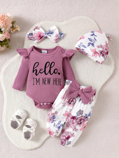 2pcs Baby Girl Cute Print Long Sleeve Bodysuit With Pants, Hat And Headband, Thin, Suitable For Spring And Autumn