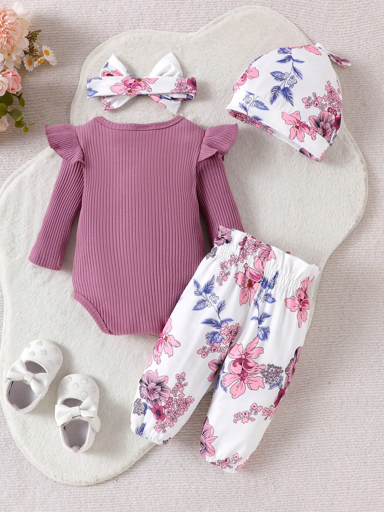 2pcs Baby Girl Cute Print Long Sleeve Bodysuit With Pants, Hat And Headband, Thin, Suitable For Spring And Autumn