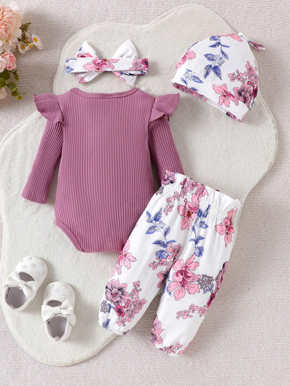 2pcs Baby Girl Cute Print Long Sleeve Bodysuit With Pants, Hat And Headband, Thin, Suitable For Spring And Autumn