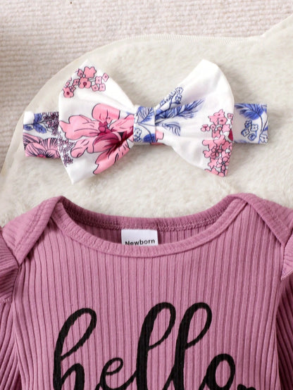 2pcs Baby Girl Cute Print Long Sleeve Bodysuit With Pants, Hat And Headband, Thin, Suitable For Spring And Autumn