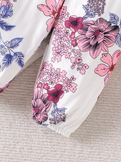 2pcs Baby Girl Cute Print Long Sleeve Bodysuit With Pants, Hat And Headband, Thin, Suitable For Spring And Autumn