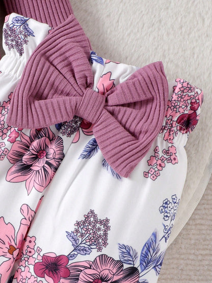 2pcs Baby Girl Cute Print Long Sleeve Bodysuit With Pants, Hat And Headband, Thin, Suitable For Spring And Autumn