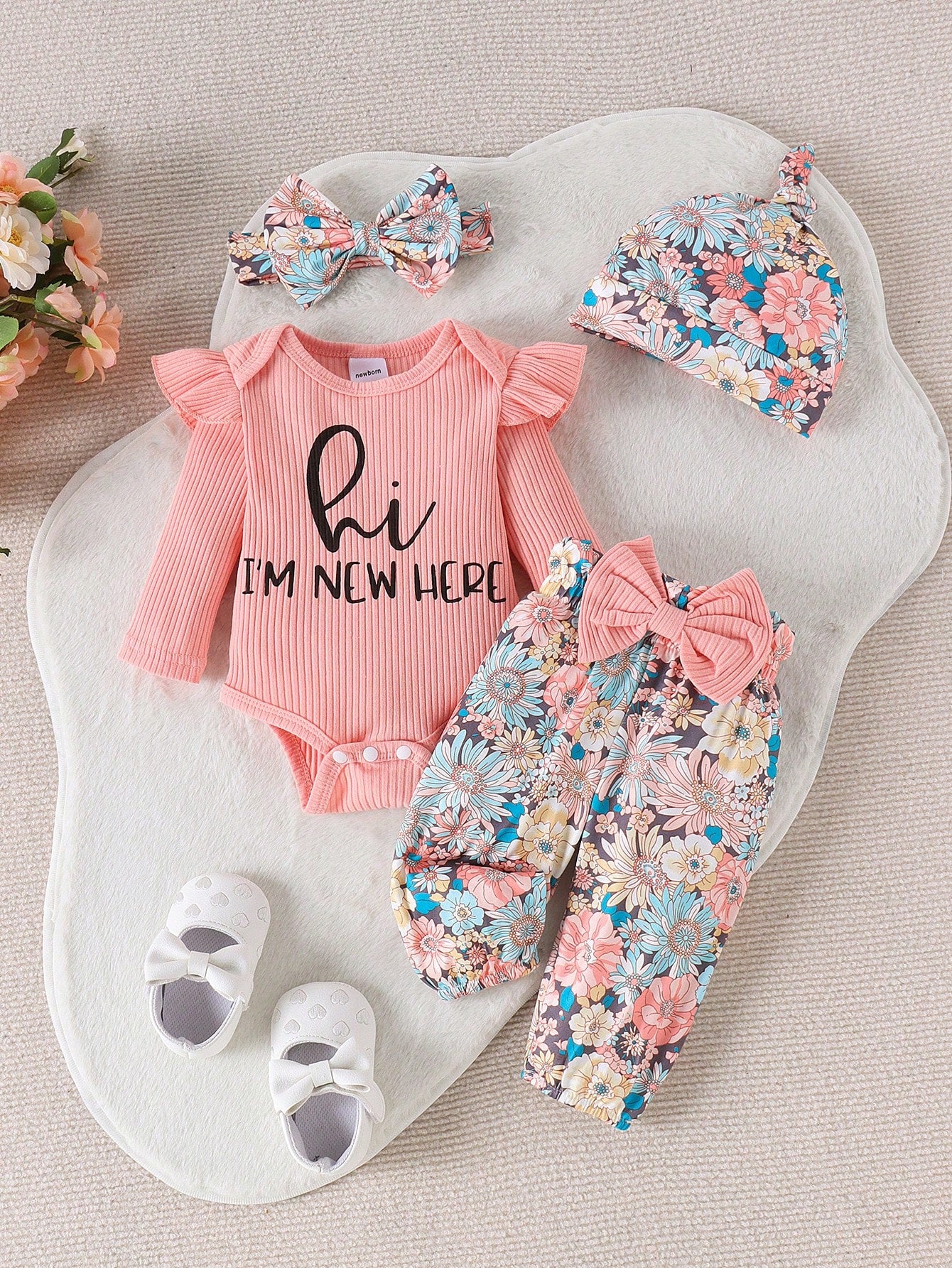 2pcs Baby Girl Cute Print Long Sleeve Bodysuit With Pants, Hat And Headband, Thin, Suitable For Spring And Autumn