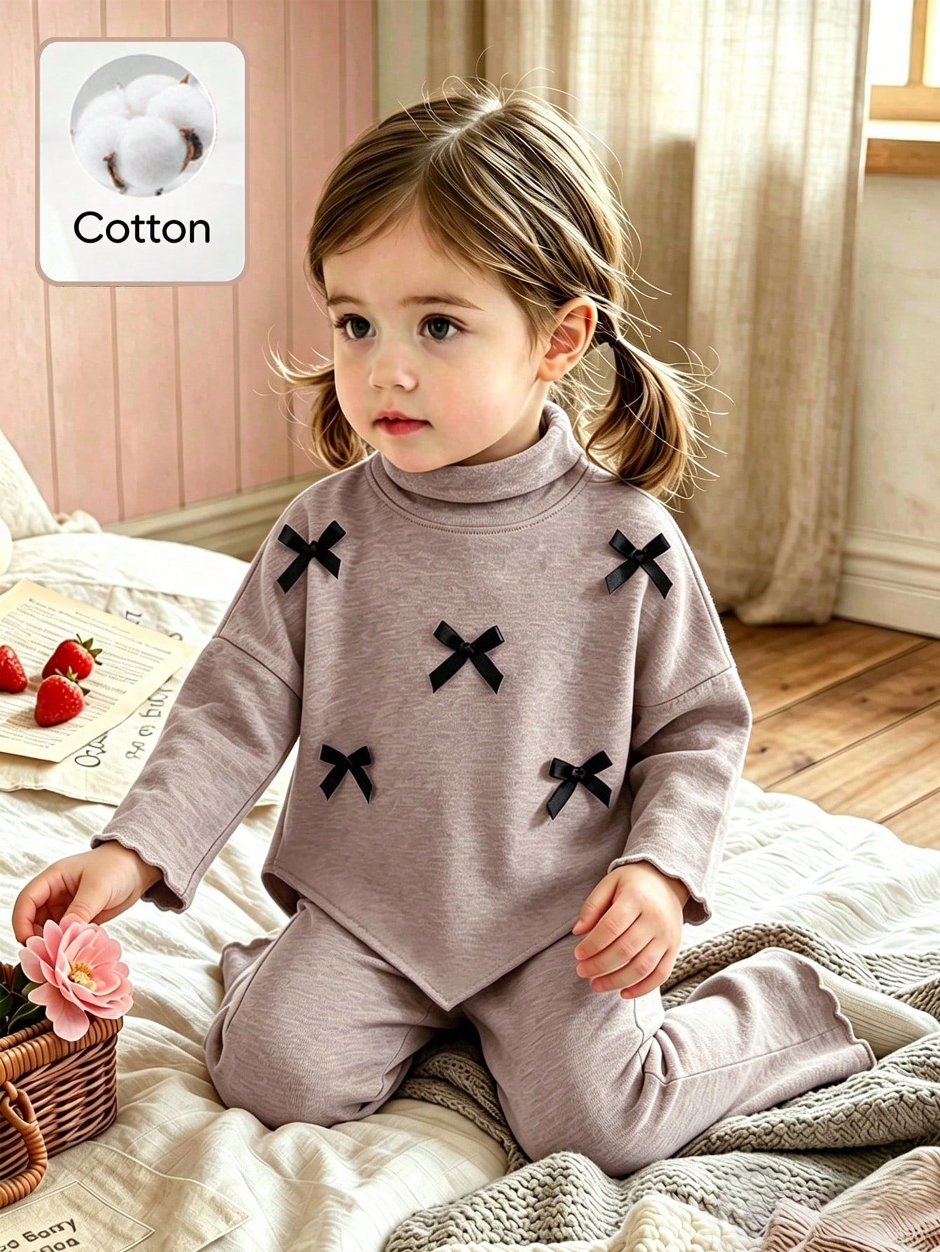 2pcs Baby Girls' Bow Decor Knitted Set Light Apricot Turtleneck Top Matching Flare Pants Cute Autumn