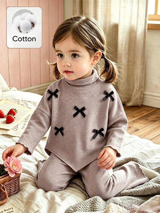 2pcs Baby Girls' Bow Decor Knitted Set Light Apricot Turtleneck Top Matching Flare Pants Cute Autumn