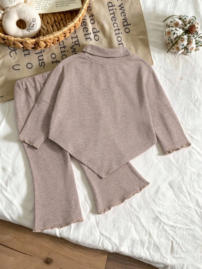 2pcs Baby Girls' Bow Decor Knitted Set Light Apricot Turtleneck Top Matching Flare Pants Cute Autumn