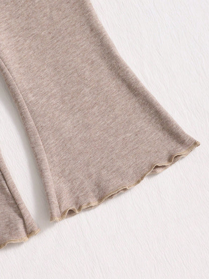 2pcs Baby Girls' Bow Decor Knitted Set Light Apricot Turtleneck Top Matching Flare Pants Cute Autumn