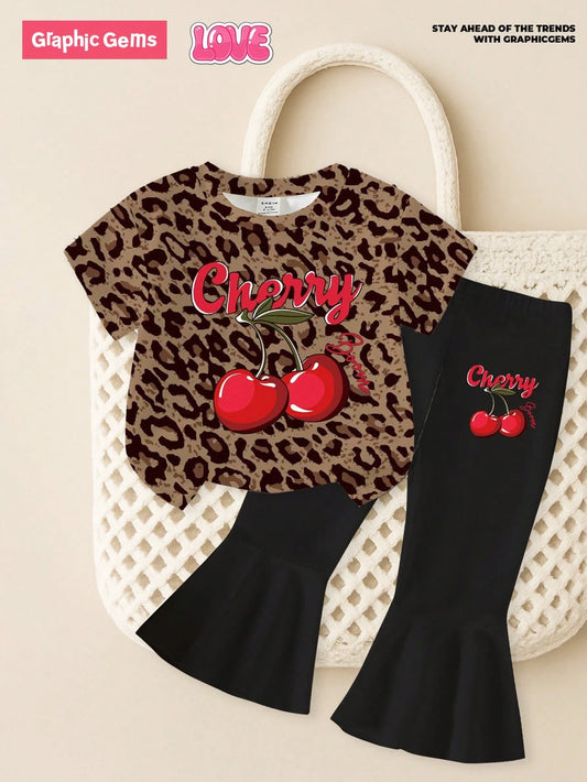 2pcs Baby Girls' Casual Fashion Cute Sweet Cherry Letter & Leopard Print Short Sleeve Round Neck T-Shirt And Flare Pants Set Outfit Girl Clothes Sets
