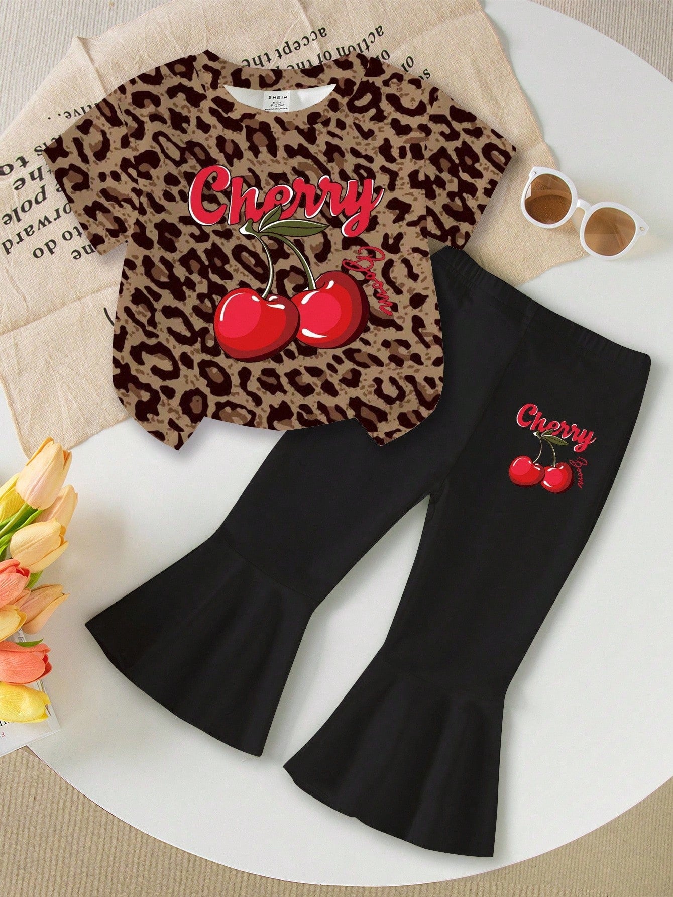 2pcs Baby Girls' Casual Fashion Cute Sweet Cherry Letter & Leopard Print Short Sleeve Round Neck T-Shirt And Flare Pants Set Outfit Girl Clothes Sets