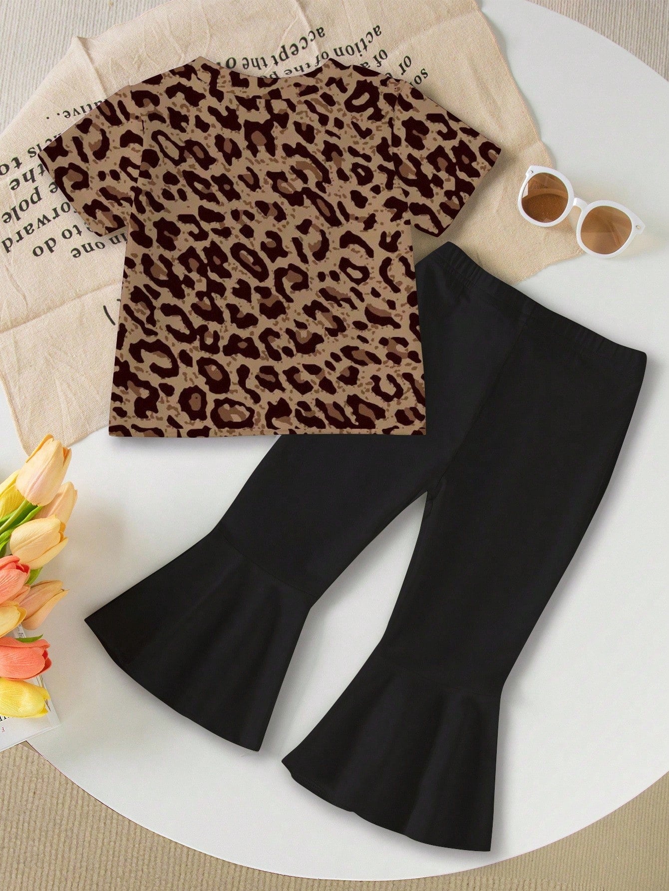 2pcs Baby Girls' Casual Fashion Cute Sweet Cherry Letter & Leopard Print Short Sleeve Round Neck T-Shirt And Flare Pants Set Outfit Girl Clothes Sets