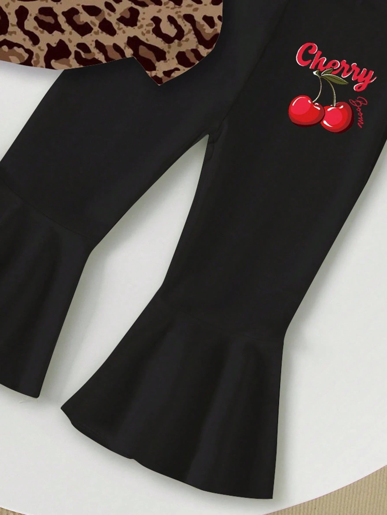 2pcs Baby Girls' Casual Fashion Cute Sweet Cherry Letter & Leopard Print Short Sleeve Round Neck T-Shirt And Flare Pants Set Outfit Girl Clothes Sets