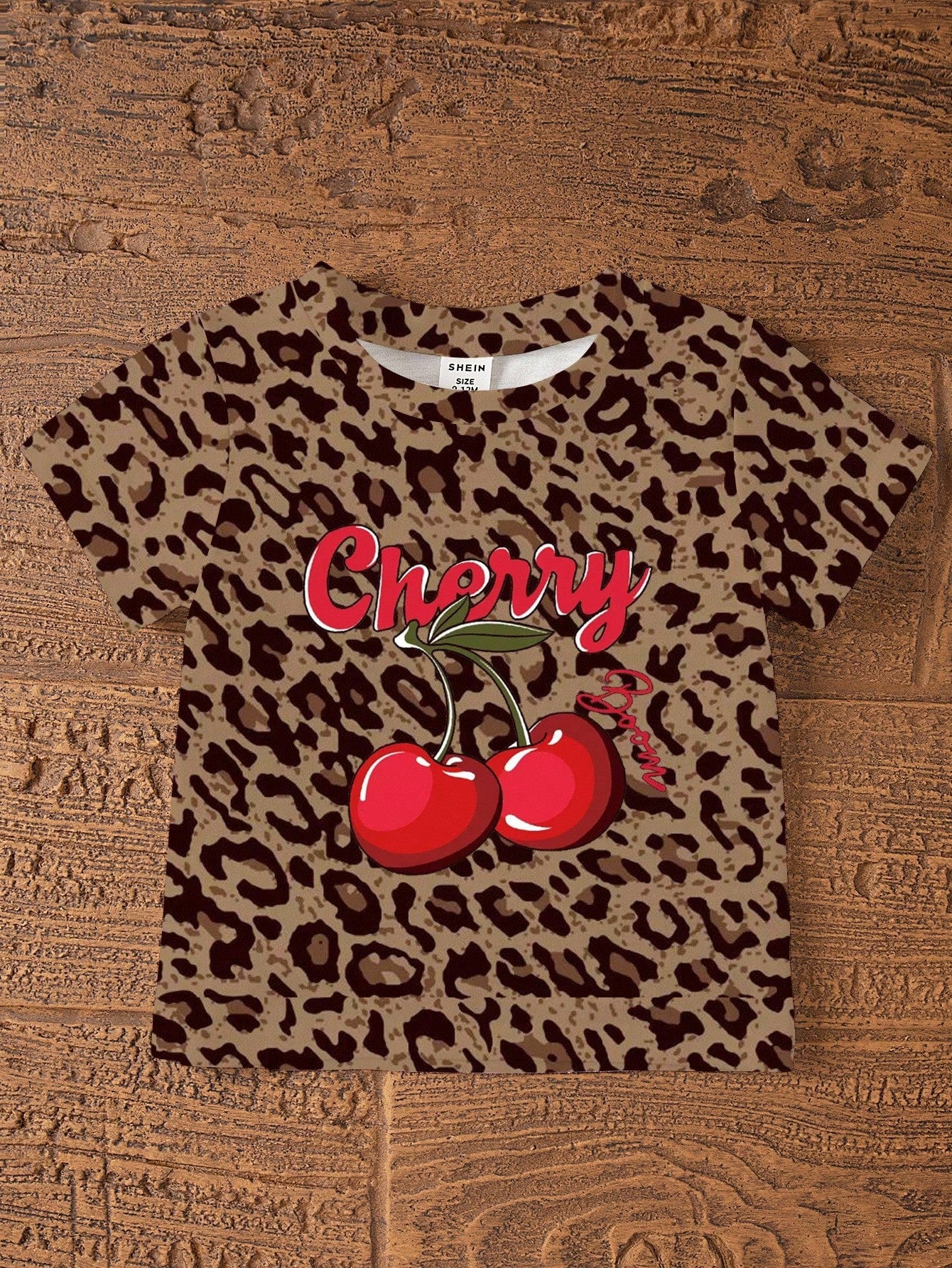 2pcs Baby Girls' Casual Fashion Cute Sweet Cherry Letter & Leopard Print Short Sleeve Round Neck T-Shirt And Flare Pants Set Outfit Girl Clothes Sets