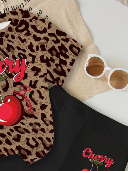 2pcs Baby Girls' Casual Fashion Cute Sweet Cherry Letter & Leopard Print Short Sleeve Round Neck T-Shirt And Flare Pants Set Outfit Girl Clothes Sets