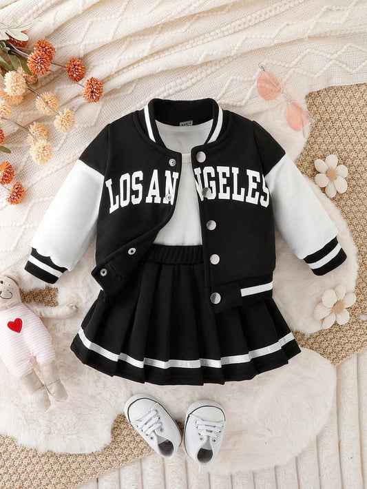 2pcs Baby Girls Letter Print Long Sleeve Casual Baseball Jacket And Pleated Skirt Set, Spring/Fall