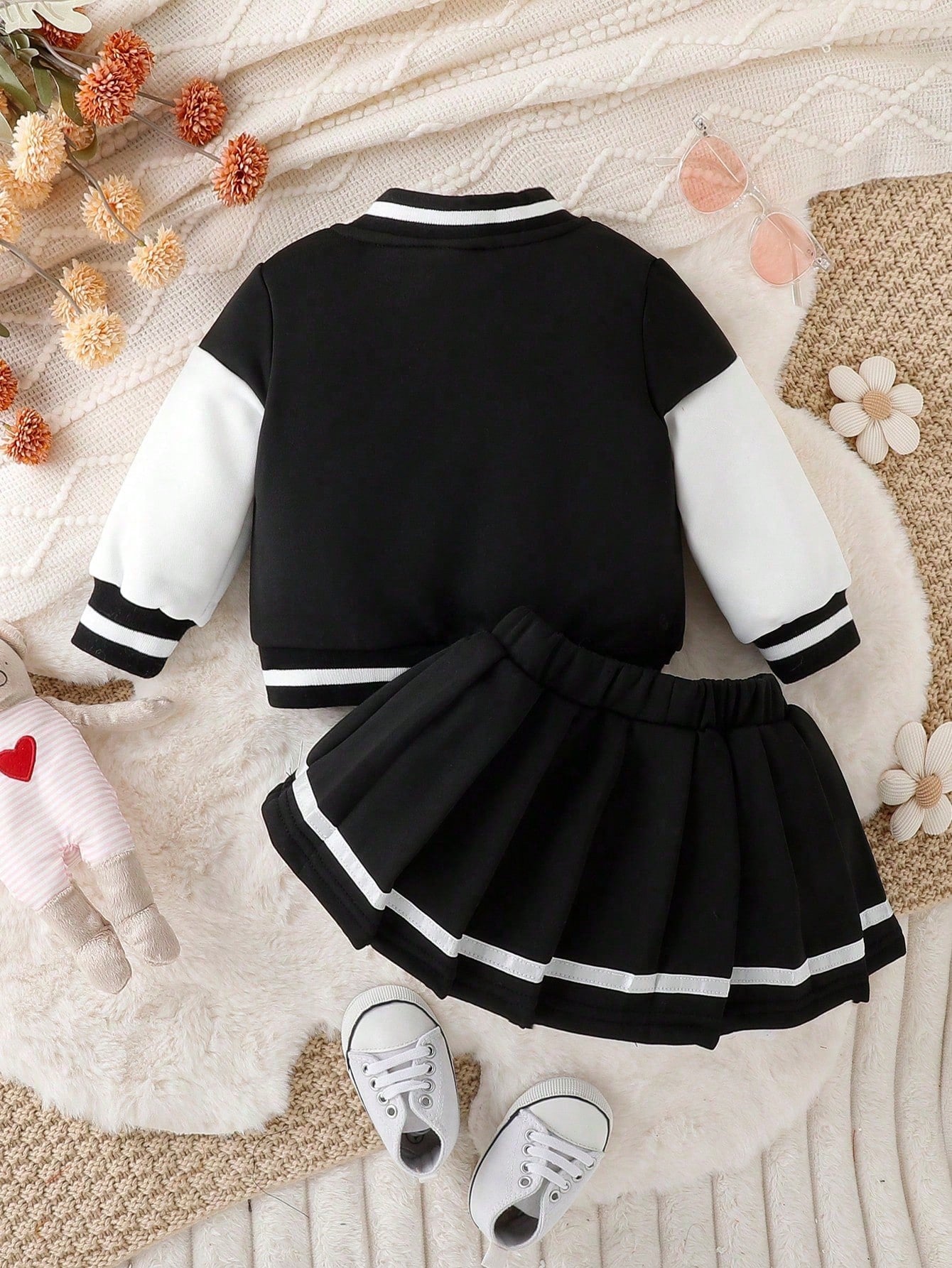 2pcs Baby Girls Letter Print Long Sleeve Casual Baseball Jacket And Pleated Skirt Set, Spring/Fall