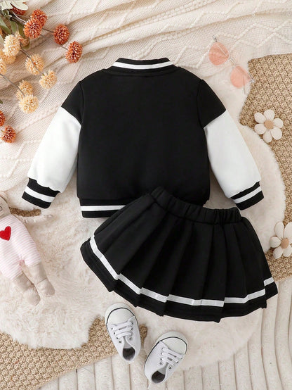 2pcs Baby Girls Letter Print Long Sleeve Casual Baseball Jacket And Pleated Skirt Set, Spring/Fall