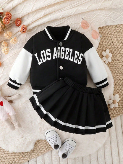 2pcs Baby Girls Letter Print Long Sleeve Casual Baseball Jacket And Pleated Skirt Set, Spring/Fall