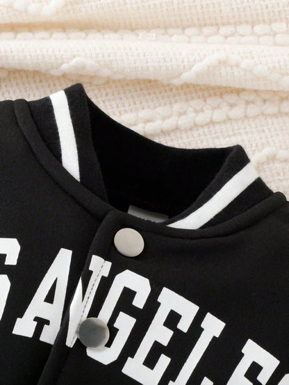 2pcs Baby Girls Letter Print Long Sleeve Casual Baseball Jacket And Pleated Skirt Set, Spring/Fall