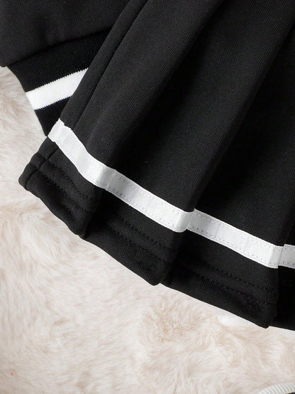 2pcs Baby Girls Letter Print Long Sleeve Casual Baseball Jacket And Pleated Skirt Set, Spring/Fall