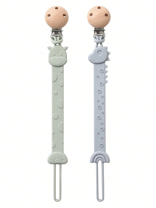 2pcs Baby Silicone Pacifier Clips, Dinosaur & Giraffe Pattern, Anti-Lost Pacifier Clips, Teething, Baby Supplies, Newborn Gift