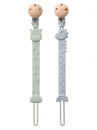 2pcs Baby Silicone Pacifier Clips, Dinosaur & Giraffe Pattern, Anti-Lost Pacifier Clips, Teething, Baby Supplies, Newborn Gift
