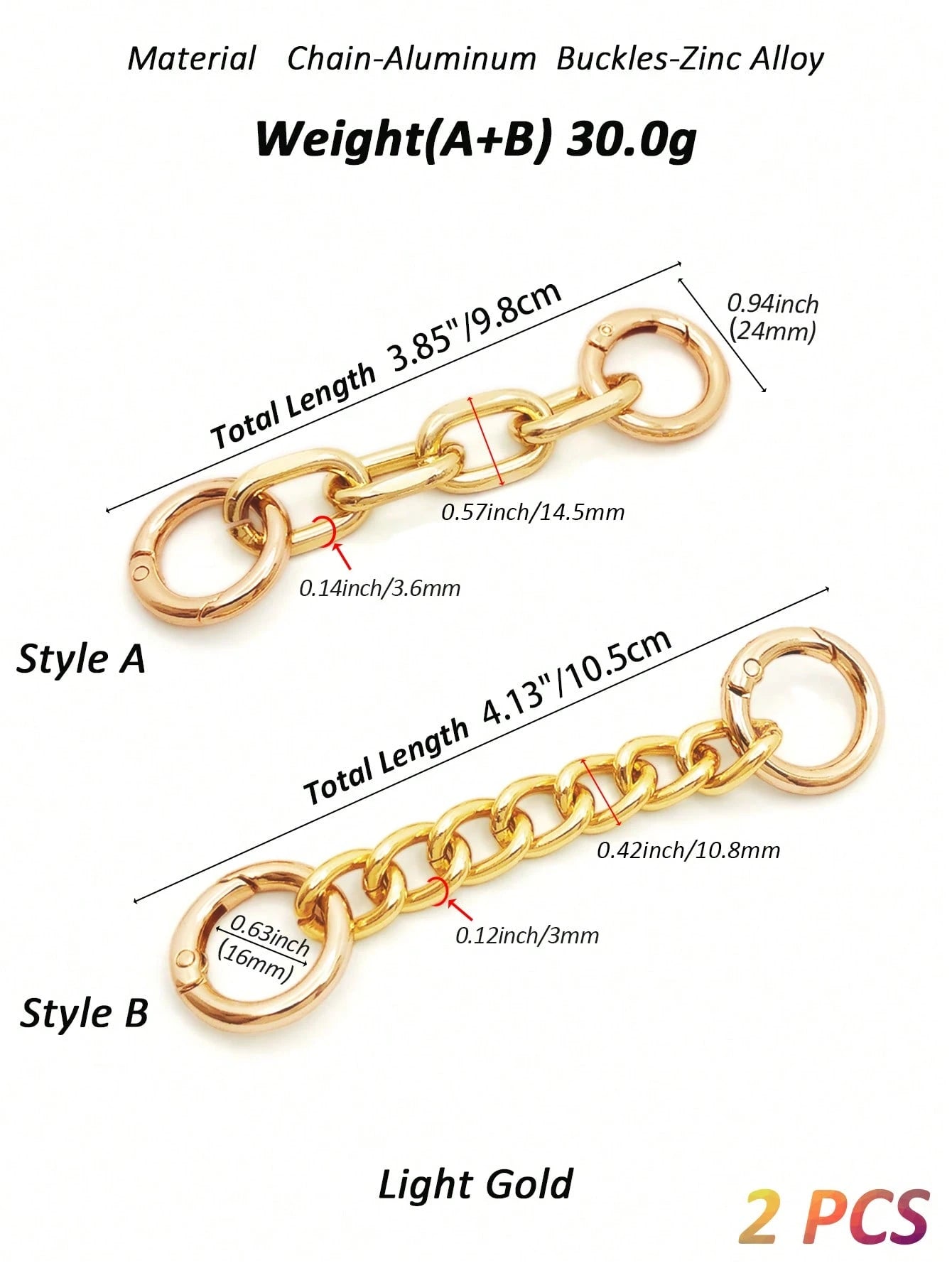 2pcs Bag Strap Extender Chains Metal Purse Chain 98/105mm 2 Styles Shoulder Bag Strap Extender Chains With Spring Gate Rings For Bag Straps Replacement(Gold)