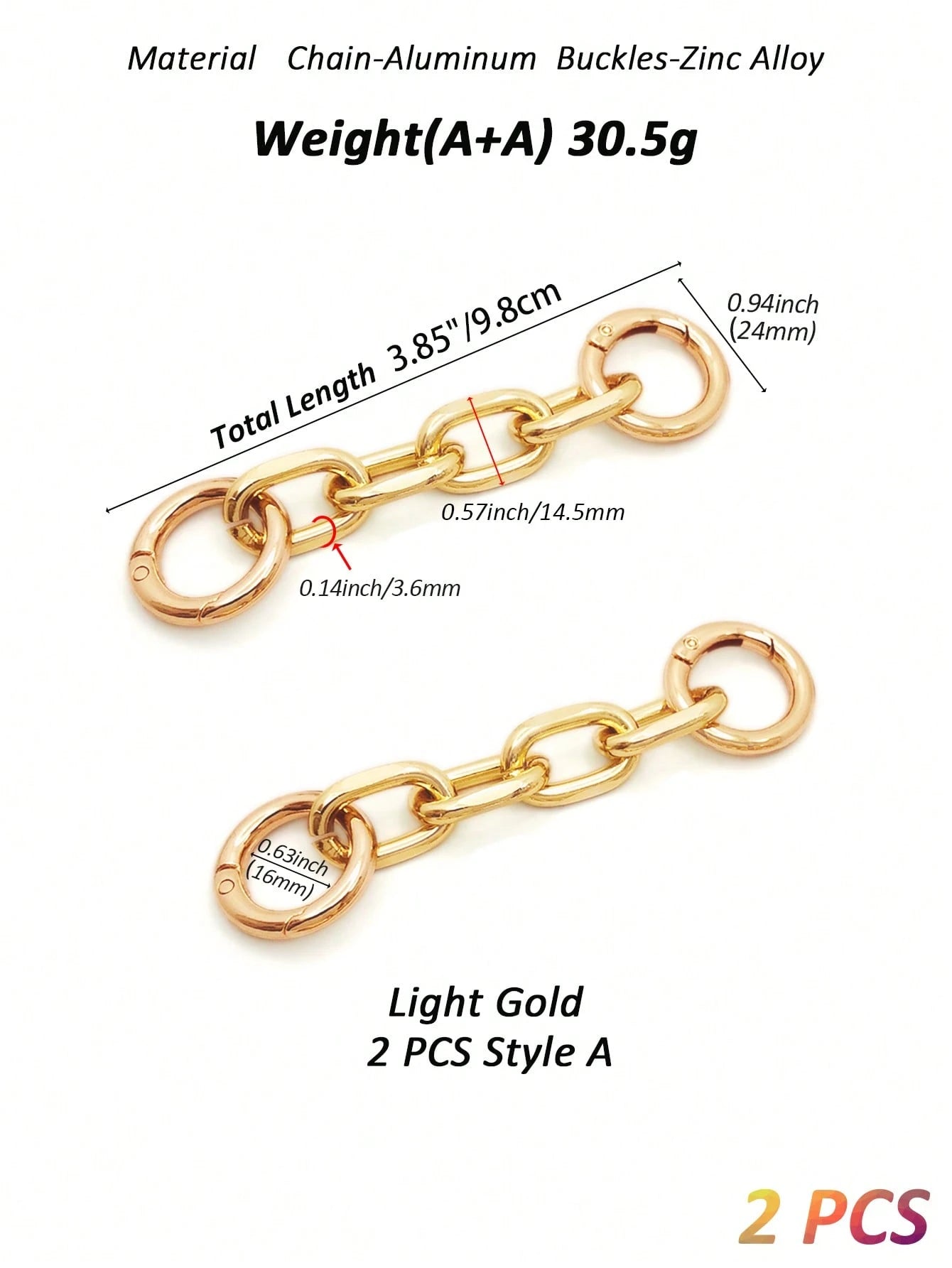 2pcs Bag Strap Extender Chains Metal Purse Chain 98/105mm 2 Styles Shoulder Bag Strap Extender Chains With Spring Gate Rings For Bag Straps Replacement(Gold)