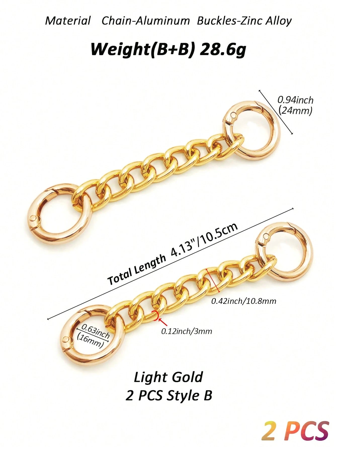2pcs Bag Strap Extender Chains Metal Purse Chain 98/105mm 2 Styles Shoulder Bag Strap Extender Chains With Spring Gate Rings For Bag Straps Replacement(Gold)