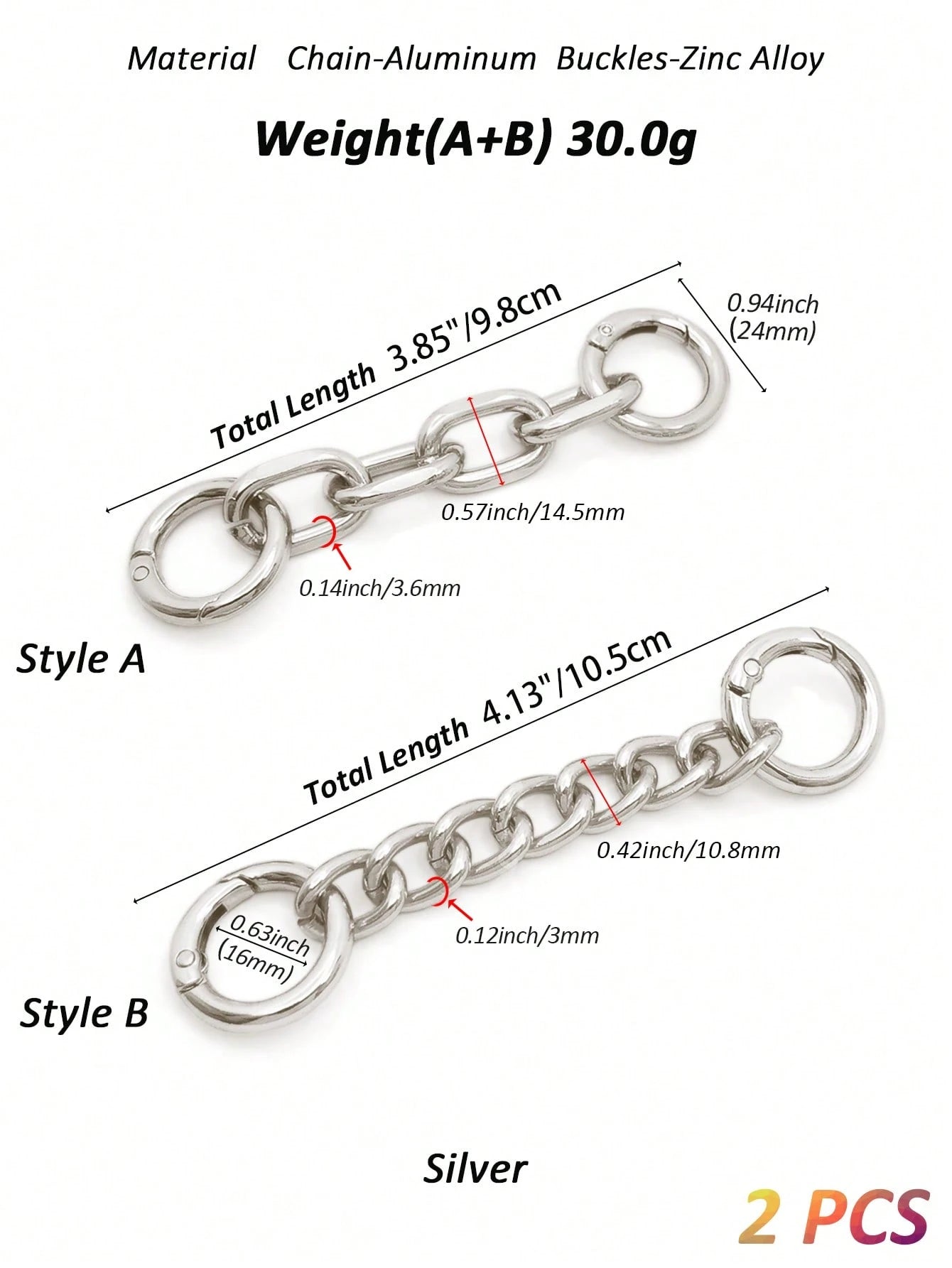 2pcs Bag Strap Extender Chains Metal Purse Chain 98/105mm 2 Styles Shoulder Bag Strap Extender Chains With Spring Gate Rings For Bag Straps Replacement(Gold)