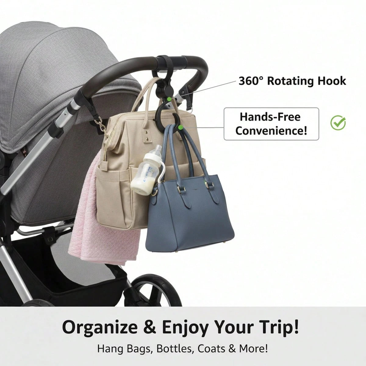2pcs Black Baby Stroller Hooks: Rotatable And Large Hooks Convenient For Hanging Bags On Strollers. Allow For Hands-free Carrying Of Luggage.