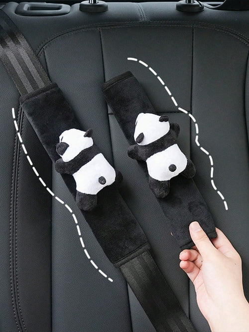 2pcs Black & White Cartoon Car Seat Belt Shoulder Pads With Cute Panda Design, Plush Car Seat Belt Cover