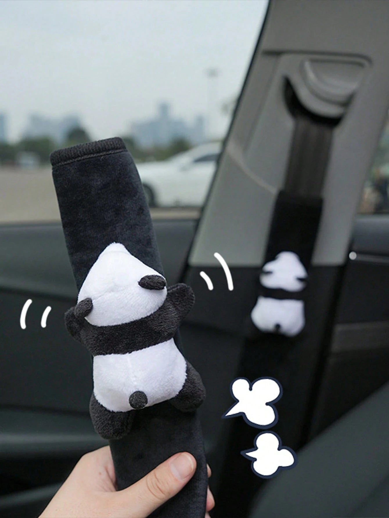 2pcs Black & White Cartoon Car Seat Belt Shoulder Pads With Cute Panda Design, Plush Car Seat Belt Cover