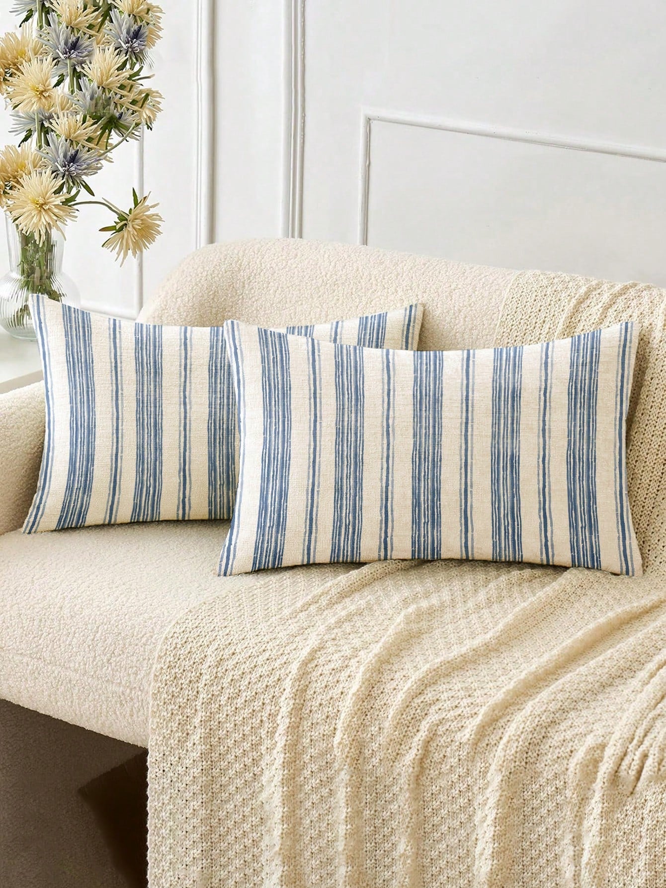 2pcs, Blue And White Striped, Minimalist Line Pillowcase, Zipper Closure, Machine Washable, All-Season Decorative Pillowcase, Home Decor, Sofa Decorative Cushion Cover, Suitable For Bedroom, Living Ro