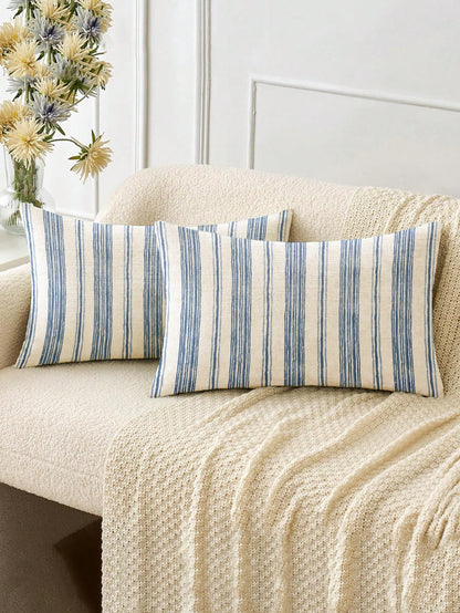 2pcs, Blue And White Striped, Minimalist Line Pillowcase, Zipper Closure, Machine Washable, All-Season Decorative Pillowcase, Home Decor, Sofa Decorative Cushion Cover, Suitable For Bedroom, Living Ro