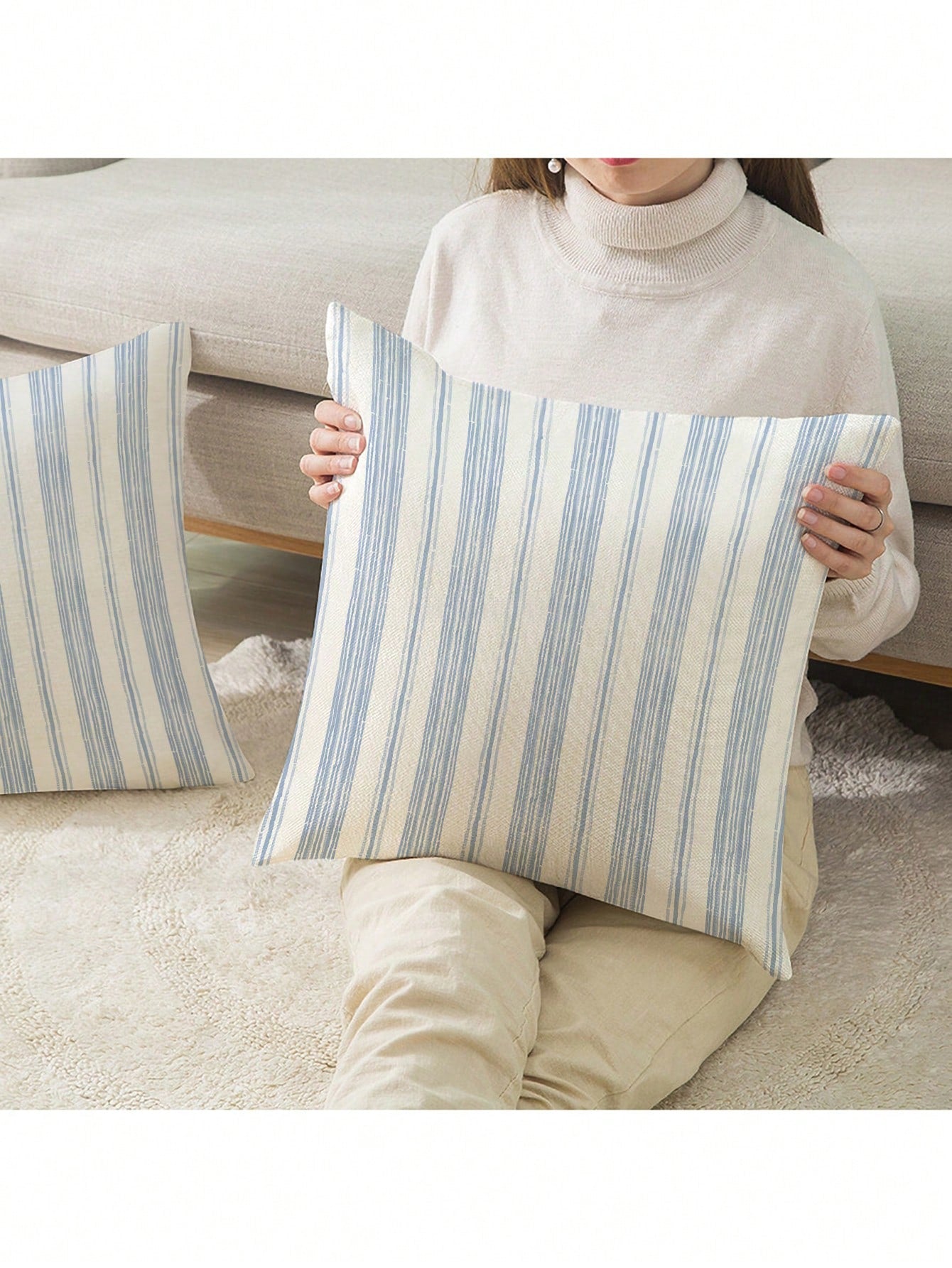2pcs, Blue And White Striped, Minimalist Line Pillowcase, Zipper Closure, Machine Washable, All-Season Decorative Pillowcase, Home Decor, Sofa Decorative Cushion Cover, Suitable For Bedroom, Living Ro