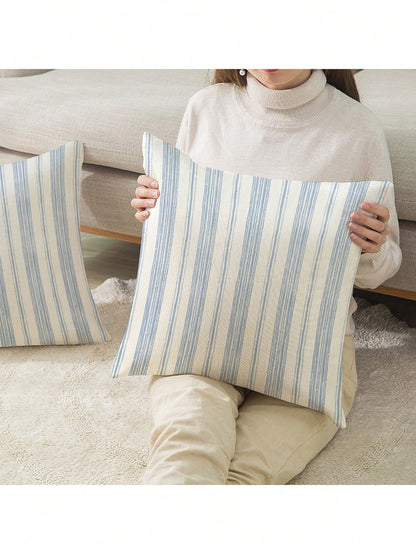 2pcs, Blue And White Striped, Minimalist Line Pillowcase, Zipper Closure, Machine Washable, All-Season Decorative Pillowcase, Home Decor, Sofa Decorative Cushion Cover, Suitable For Bedroom, Living Ro