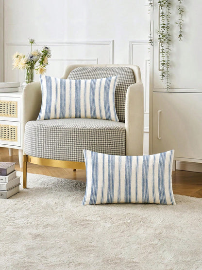2pcs, Blue And White Striped, Minimalist Line Pillowcase, Zipper Closure, Machine Washable, All-Season Decorative Pillowcase, Home Decor, Sofa Decorative Cushion Cover, Suitable For Bedroom, Living Ro