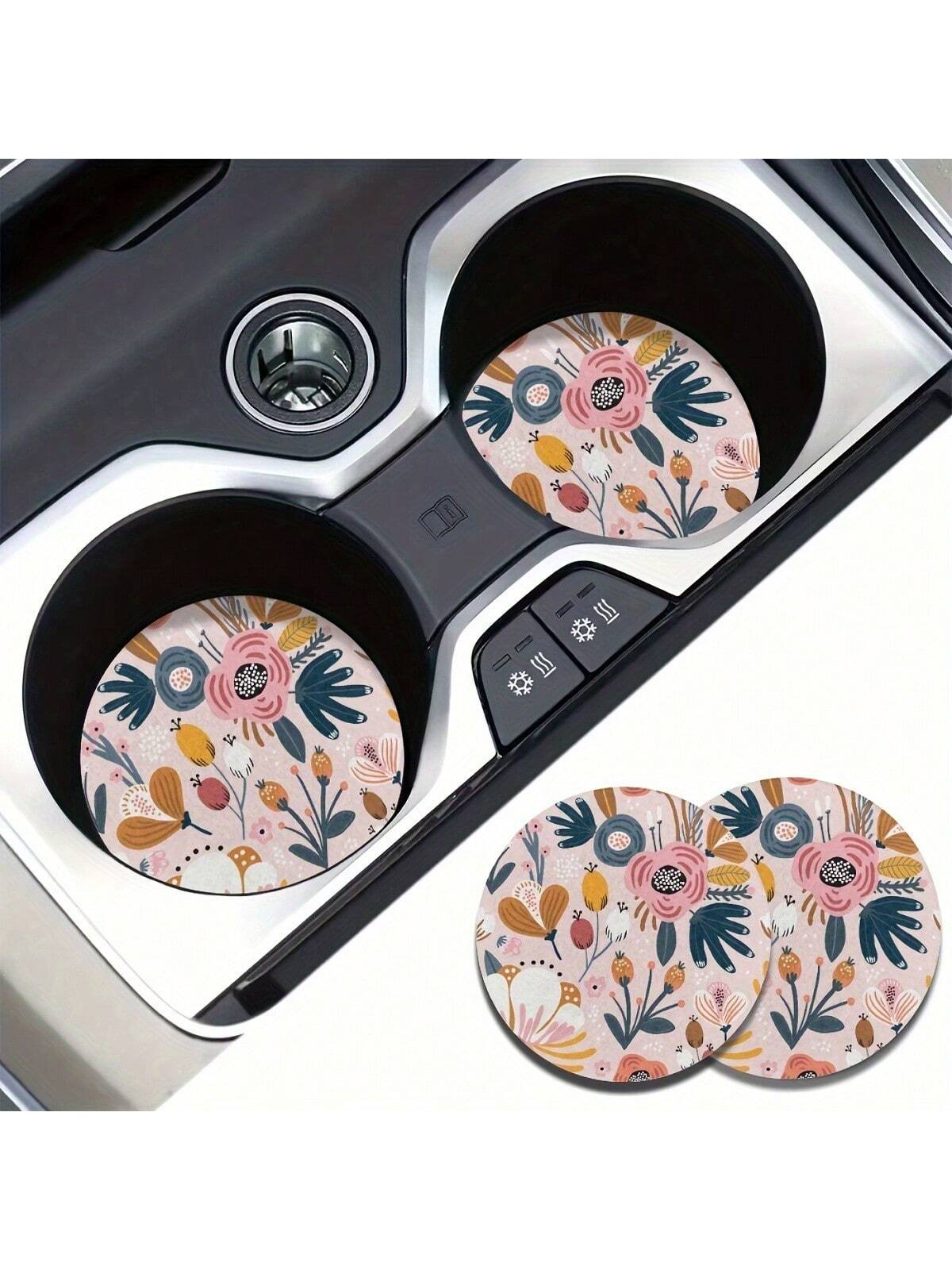 2pcs Car Coasters Print Absorbent Coasters Set, Universal Fit Women Gifts, Car Decor & Car Accessories