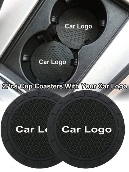 2pcs Car Cup Holder Mats With Car Logo, Recessed Silicone Anti-Slip Beverage Coasters, Car Interior Accessories