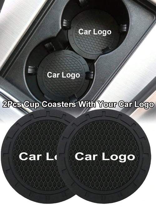 2pcs Car Cup Holder Mats With Car Logo, Recessed Silicone Anti-Slip Beverage Coasters, Car Interior Accessories