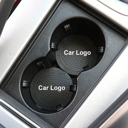 2pcs Car Cup Holder Mats With Car Logo, Recessed Silicone Anti-Slip Beverage Coasters, Car Interior Accessories